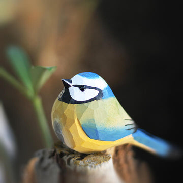 Handmade Carved Wooden Eurasian Blue Tit Bird Figurine